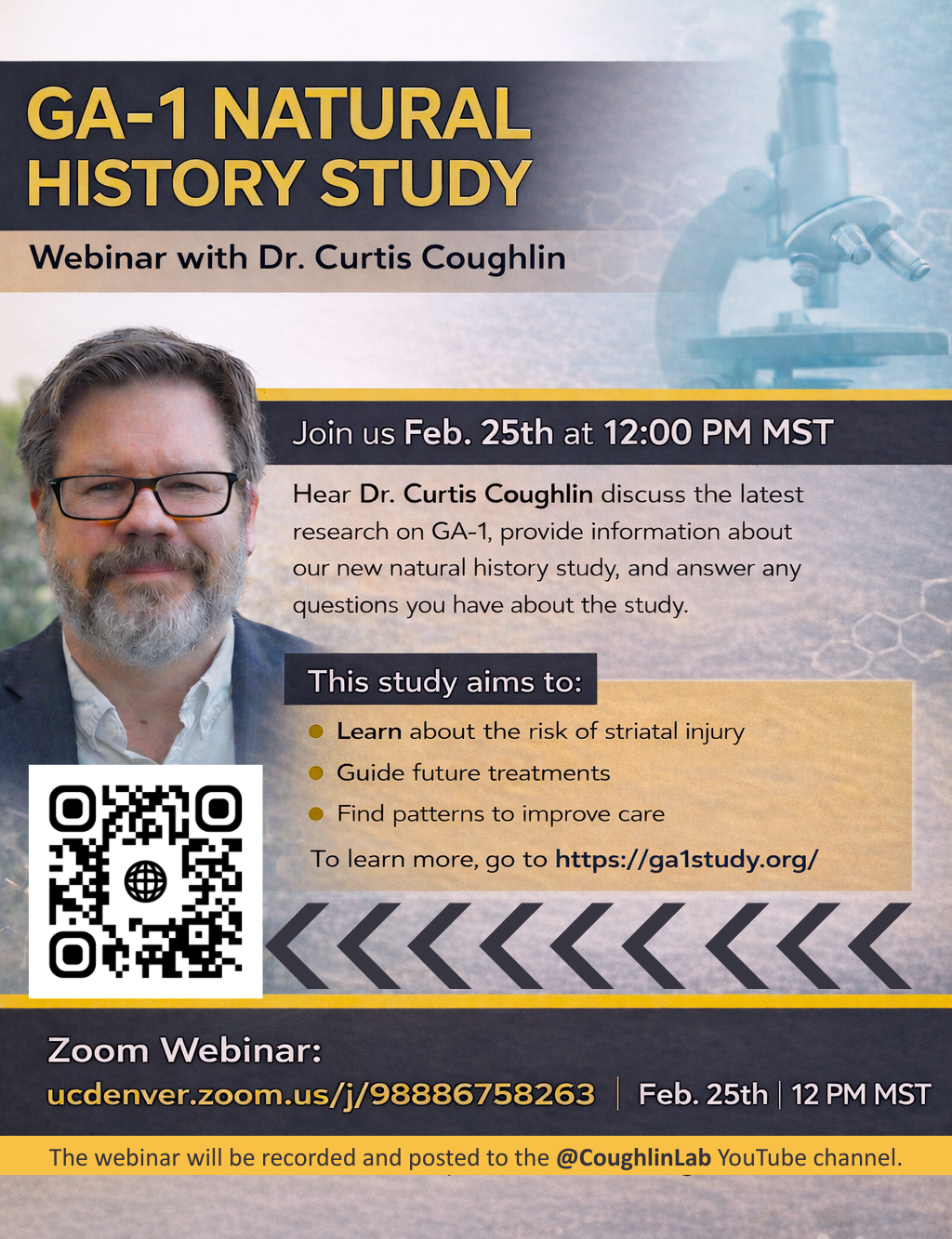 flyer for webinar on GA1 natural history study on February 18, 2026.
