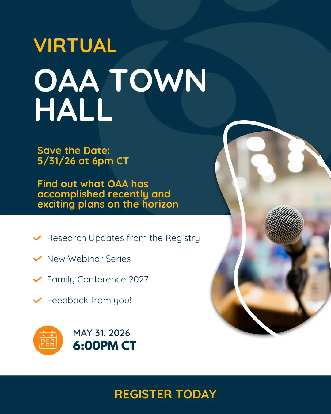 OAA Virtual Town Hall event announcement for May 31, 2026, at 6:00 PM CT.
