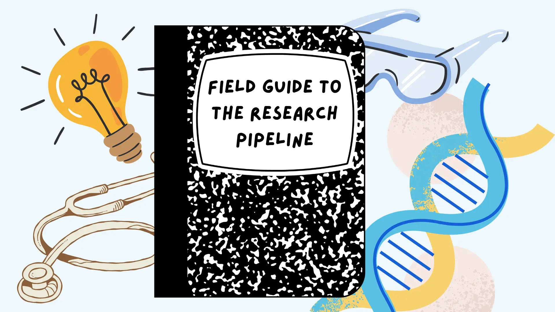Field Guide to the Research Pipeline: lightbulb, stethoscope, goggles, DNA